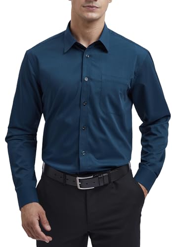 HISDERN Herren Hemd Langarm Blaugrün Businesshemd Regular Fit Hemd aus Bambusfaser Freizeithemd Bügelfreies Herrenhemd mit Brusttasche,M von HISDERN