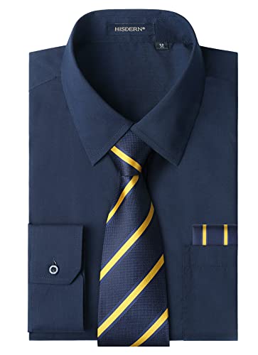 HISDERN Herren Hemd Navy Blau Langarm Einfarbige Hemden mit Krawatte und Taschentuch Formelle Businesshemd Hochzeit Freizeithemd mit Tasche Regular Fit M von HISDERN