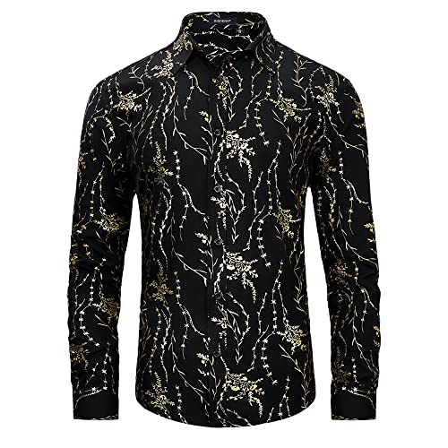 HISDERN Herren Hemd Schwarz Langarm Blumenhemde Freizeit Hemdn Regulär Fit Shirts XXL von HISDERN