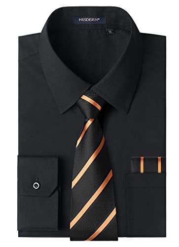 HISDERN Herren Hemd Schwarz Langarm Einfarbige Hemden mit Krawatte und Taschentuch Formelle Businesshemd Hochzeit Freizeithemd mit Tasche Regular Fit S von HISDERN