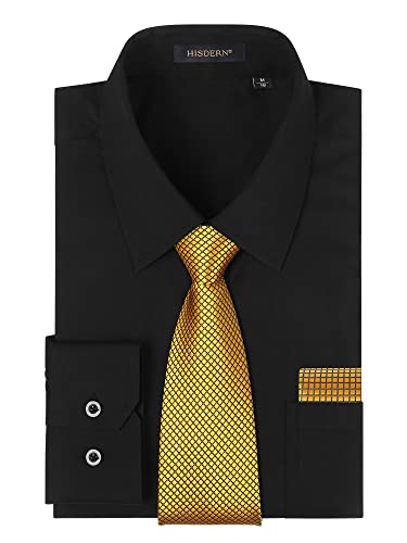 HISDERN Herren Hemd Schwarz Langarm mit Krawatte Formelle Businesshemd Regular Fit Freizeithemd mit Tasche Hemden und Gold Krawatten Taschentuch Set S von HISDERN