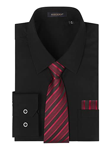 HISDERN Herren Hemd Schwarz Langarm mit Krawatte Formelle Businesshemd Regular Fit Freizeithemd mit Tasche Hemden und Rot Krawatten Taschentuch Set M von HISDERN