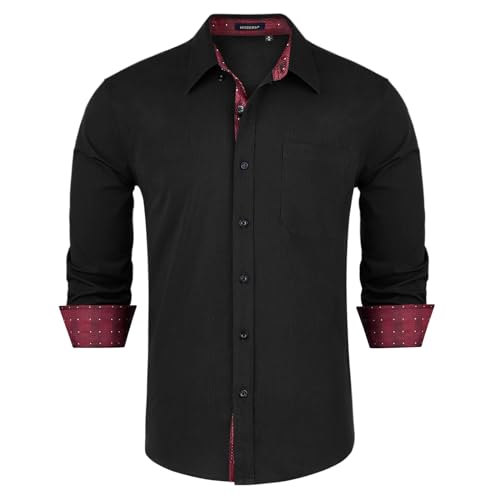 HISDERN Herren Hemd Schwarze Langarm Formale Herren Hemd Business Regular Fit Freizeithemden Button Down Arbeit Hochzeit Hemd mit Taschen 2XL von HISDERN