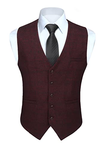 HISDERN Herren Karierte Weste formale klassische Weste Baumwolle Hochzeit Hahnentritt Anzug Westen Burgund 3XL von HISDERN