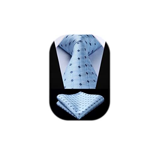 HISDERN Herren Krawatte Hochzeit Blau karierte Krawatten Taschentuch Blumen Elegant Klassisch Krawatte & Einstecktuch Set von HISDERN