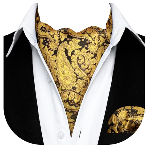 HISDERN Herren Krawattenschal Paisley Blumen Gold Krawattenschal mit Einstecktuch Taschentuch Set Halstuch fur Hochzeit Business Ascot Krawatte und Einstecktuch von HISDERN