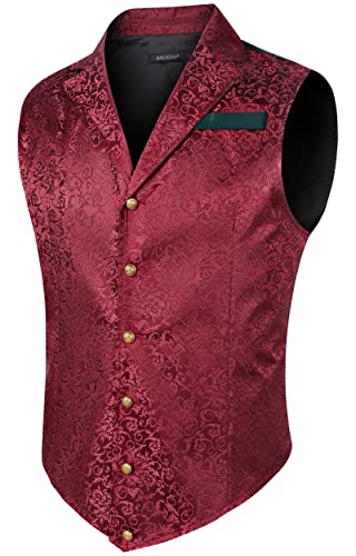 HISDERN Herren Paisley Formelle Weste Burgund Bedruckt Gothic Steampunk Vintage Revers Weste Glänzend Hochzeit Party Weste für Anzug oder Smoking, (Burgund-2, 4XL) von HISDERN