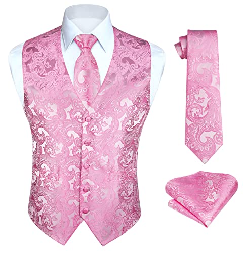 HISDERN Herren Paisley Rosa Weste Floral Jacquard Krawatte Einstecktuch Einstecktuch Hochzeit Party Business Fit Weste Anzug Set 3XL von HISDERN