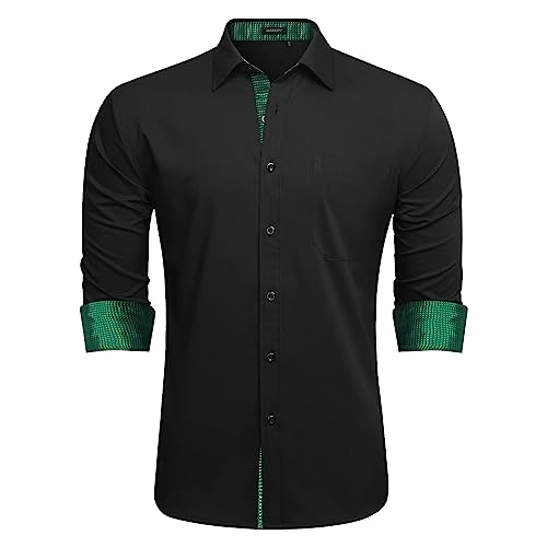 HISDERN Schwarzes Grün Langarmhemd Herren Klassisch Collar Button Down Langarm Freizeithemd Formelle Party Prom Concert Businesshemden mit Taschen von HISDERN