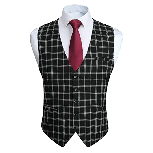 HISDERN Herren Tartan Weste Formal Business Check Weste für Herren Hochzeit Regular Fit Anzugweste mit Taschen Schwarz S von HISDERN