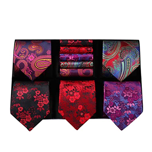 HISDERN 5 Stück Krawatten für Herren Seide Krawatte und Einstecktuch Set Klassische Hochzeit Mehrere Seidekrawatte & Taschentuch mit Geschenkbox von HISDERN