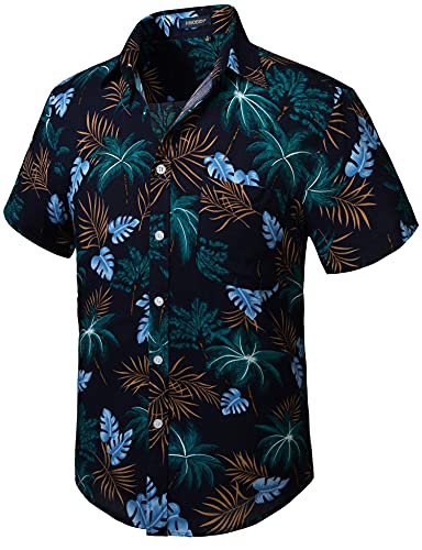 HISDERN Men Funky Hawaiian Kokosnussbaum Shirts Kurzarm Vordertasche Urlaub Sommer Aloha Bedruckter Strand Casual Navy Blue Hawaii Shirt 4XL von HISDERN