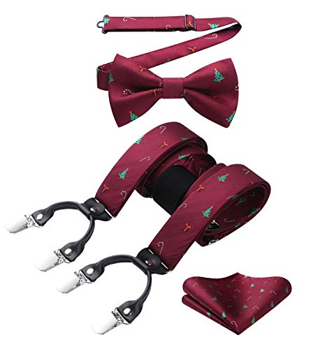 HISDERN Herren Hosenträger Set Weihnachten Fliege Einstecktuch Verstellbare Y Form mit starken Clips Fun Santa Pattern Hosenträger für Männer von HISDERN