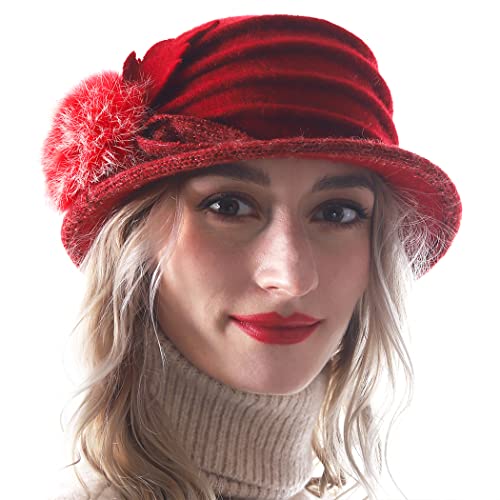 HISSHE Dame Wolle Blumen Eimer Glocke Bowler Mütze Fühlte Kleid Hüte (Rot,M) von HISSHE