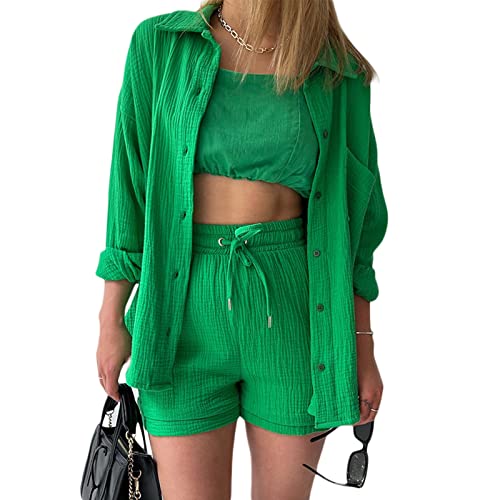 Damen Sommer Zweiteiler Shorts Set Fashion Outfit Einfarbig Bluse High Waist Shorts Freizeitanzug Ästhetisch Trainingsanzug Streetwear für Frauen Mädchen (D Grün, L) von HImllauen