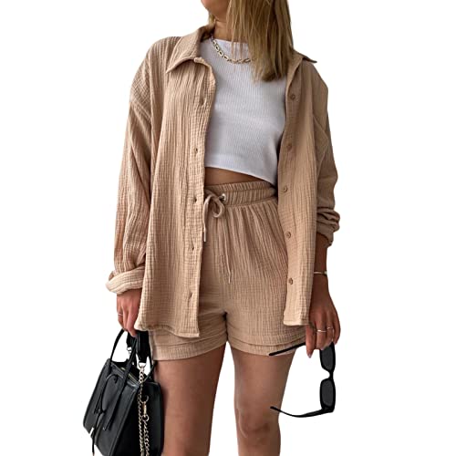 Damen Sommer Zweiteiler Shorts Set Fashion Outfit Einfarbig Bluse High Waist Shorts Freizeitanzug Ästhetisch Trainingsanzug Streetwear für Frauen Mädchen (D Khaki, M) von HImllauen