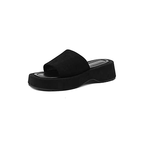 HJBFVXV Damen-Hausschuhe Summer Sandals Woman Platforma Slippers Slip On Women Shoes Open Toe Heels Thick Bottom Wedge Sandals (Color : Black, Size : 7.5) von HJBFVXV