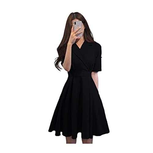 HJBFVXV Damenkleider Dress Women Fashion Summer Slim A-line Office Lady Formal Elegant Korean Style Trendy Short Sleeve Vintage Retros Double-Layer (Color : Black, Size : M) von HJBFVXV