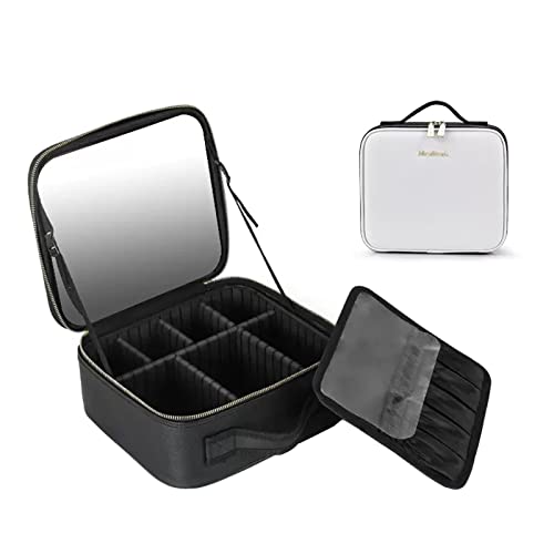 Kosmetiktasche Portable Reise Make Up Tasche, Mit Schminkspiegel Kulturbeutel Organizer Mit Kosmetikspiegel Für Unterwegs, Mit Verstellbaren Trennwänden PU-Leder, Noir/Rose (Color : Black and White, von HJXGQJM