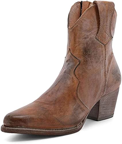 HKDFFC Damen Leder Stiefeletten Mit Runder Spitze, Retro Seitlicher Reißverschluss Ritter Kurze Stiefel Mittlerer Blockabsatz Freizeitschuhe Schnee Durable Outdoor Thermo Cowboystiefel,Gelb,38 EU von HKDFFC