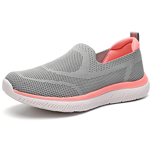 HKR Damen Sportschuhe Memory Foam Turnschuhe Bequeme Slip on Schuhe Sneakers Atmungsaktiv Stoffschuhe Sommerschuhe Hellgrau Pink 41 EU von HKR