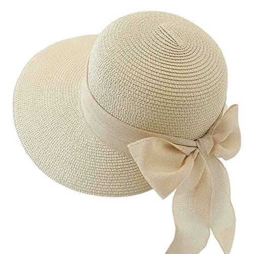 Damen Sonnenstrohhut Sommer Strohhut Breiter Krempe Sonnenschutz Sonnenhut mit Schleife Strohmütze Verstellbar Sonnenmütze Weich Leicht Strandhut Elegant Sommerhut für Mädchen Strand Urlaub Beige von HKSCKJ