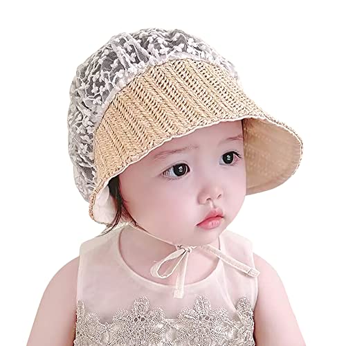 Strohhut Sommer Baby Sonnenhut Breite Krempe UV Strohmütze mit Spitze Atmungsaktiv Strandhut Ohrenschutz Kinnband Strohsonnenhut Dünn Klappbar Sonnenmütze Retro Sommerhut Mädchen 2-18 Monate Beige von HKSCKJ