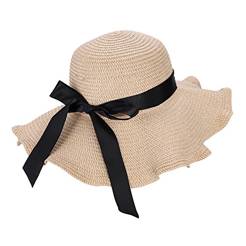 Strohhut Sommer Damen Sonnenhut Große Krempe Anti UV Sommerhut mit Schleife Sommermütze Verstellbar Strohmütze Atmungsaktiv Strandhut Elegant Damenhut Sonnenmütze für Mädchen Strand Urlaub Beige von HKSCKJ