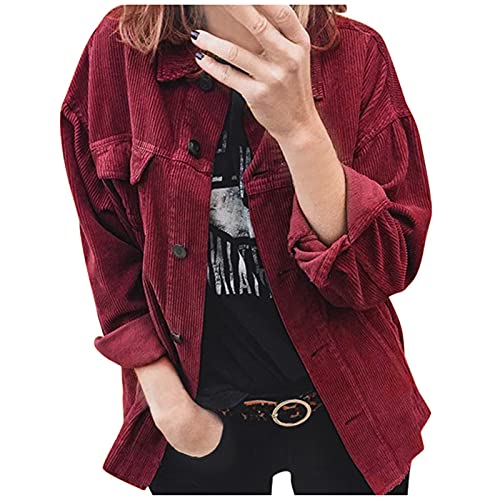 Coat Unterdamen mit Reverskragen Mäntel Lauschig Lässige Schlichte Offene Cord mit Druckknöpfe Shirts Damen Herbst Soft Langarm Strand Weinrot von HKUOPW