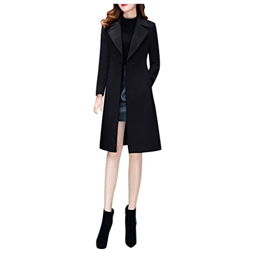 HKUOPW Parka Mantel Damens Tweed Lang Leichte Coat Langen ärmeln Parka Mantel For Female Elegante Festivale mit Reverskragen Taillierte mit Knöpfen Schlichtes Buissnes Schwarz von HKUOPW