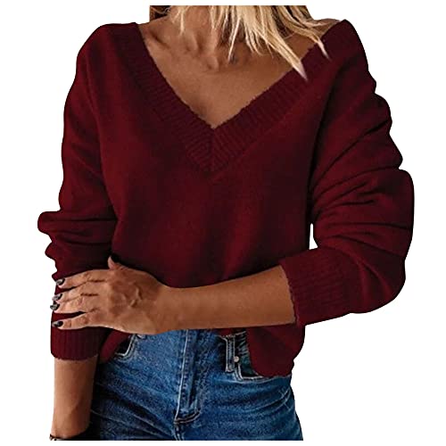 HKUOPW Pullis Frau V Ausschnitt Strickpullover Winter Fließende Worker Wolle Patchwork Schlichte Pullover Women Klassische mit Gummizug Passform Longsleeve Weinrot von HKUOPW