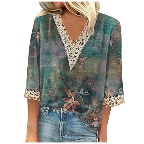 Hemd Damen Frühlingse 3/4 Ärmel Trikot Bohemian mit Mesh T-Shirts Women Polyester Flower V Neck Bequemer Tailliertes Homewear Blasensaum von HKUOPW