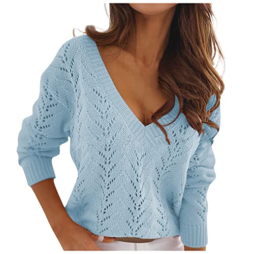 Pullover Damen Lange Ärmel Pullover Hochzeit Netz Solid Jersey Gemütlich Tief geschnitte Pullover Damen Lockeres Herbst V Ausschnitt Lässige Blau von HKUOPW