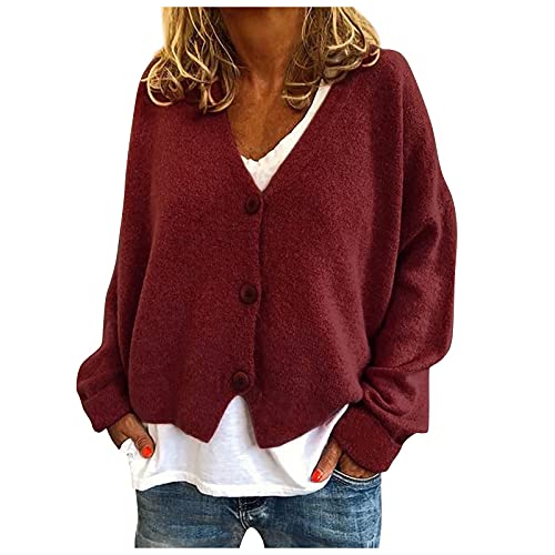 Strickpulli Damen Atmungsaktive Strickpulli V Ausschnitt Reisen Weites Langarm mit Knopfleist Coat Frauen Jersey Lässige Schlichtes Herbst Offen Weinrot von HKUOPW