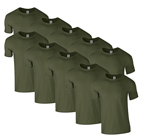 HLKauf 10 Gildan T-Shirts Softstyle Rundhals Ausschnitt M L XL XXL 3XL 4XL 5XL Shirt Herren Baumwolle & GRATIS Block (10x Militarygreen & 1 HLKauf Block, XL) von HLKauf