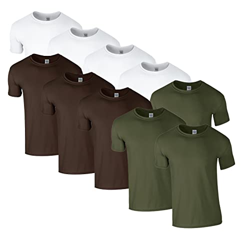 HLKauf 10 Gildan T-Shirts Softstyle Rundhals Ausschnitt M L XL XXL 3XL 4XL 5XL Shirt Herren Baumwolle & GRATIS Block (4X Weiss, 3X Military, 3X Dark Chocolate & 1 HLKauf Block, M) von HLKauf