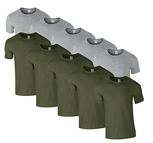 HLKauf 10 Gildan T-Shirts Softstyle Rundhals Ausschnitt M L XL XXL 3XL 4XL 5XL Shirt Herren Baumwolle & GRATIS Block (5X Military, 5X Sportgrey & 1 HLKauf Block, L) von HLKauf