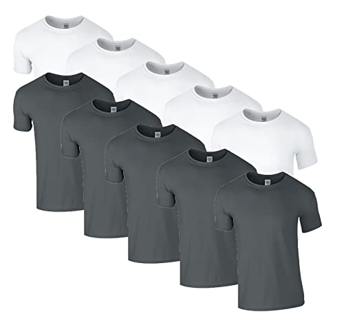 HLKauf 10 Gildan T-Shirts Softstyle Rundhals Ausschnitt M L XL XXL 3XL 4XL 5XL Shirt Herren Baumwolle & GRATIS Block (5X Weiss, 5X Charcoal & 1 HLKauf Block, XL) von HLKauf