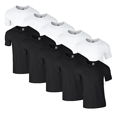 HLKauf 10 Gildan T-Shirts Softstyle Rundhals Ausschnitt M L XL XXL 3XL 4XL 5XL Shirt Herren Baumwolle & GRATIS Block (5X Weiss, 5X Schwarz & 1 HLKauf Block, L) von HLKauf