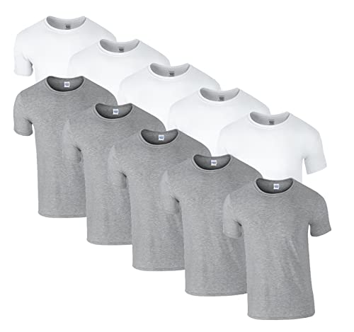 HLKauf 10 Gildan T-Shirts Softstyle Rundhals Ausschnitt M L XL XXL 3XL 4XL 5XL Shirt Herren Baumwolle & GRATIS Block (5X Weiss, 5X Sportgrey & 1 HLKauf Block, L) von HLKauf