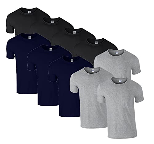 HLKauf 10 Gildan T-Shirts Softstyle Rundhals Ausschnitt M L XL XXL 3XL 4XL 5XL Shirt Herren Baumwolle & GRATIS Block (4X Schwarz, 3X Sportgrey, 3X Navy & 1 HLKauf Block, 4XL) von HLKauf