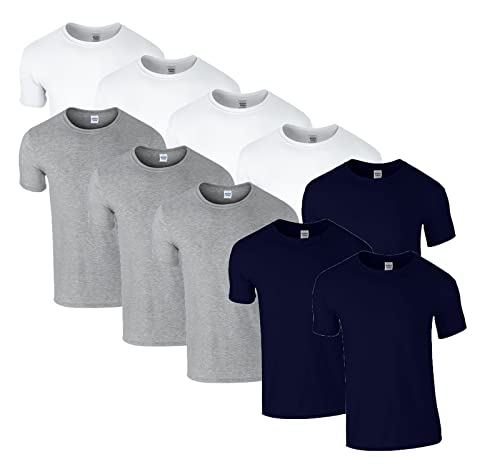 HLKauf 10 Gildan T-Shirts Softstyle Rundhals Ausschnitt M L XL XXL 3XL 4XL 5XL Shirt Herren Baumwolle & GRATIS Block (4X Weiss, 3X Sportgrey, 3X Navy & 1 HLKauf Block, XXL) von HLKauf