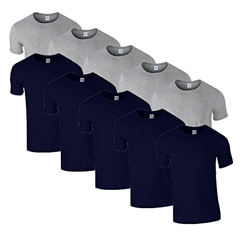 HLKauf 10 Gildan T-Shirts Softstyle Rundhals Ausschnitt M L XL XXL 3XL 4XL 5XL Shirt Herren Baumwolle & GRATIS Block (5X Navy, 5X Sportgrey & 1 HLKauf Block, M) von HLKauf