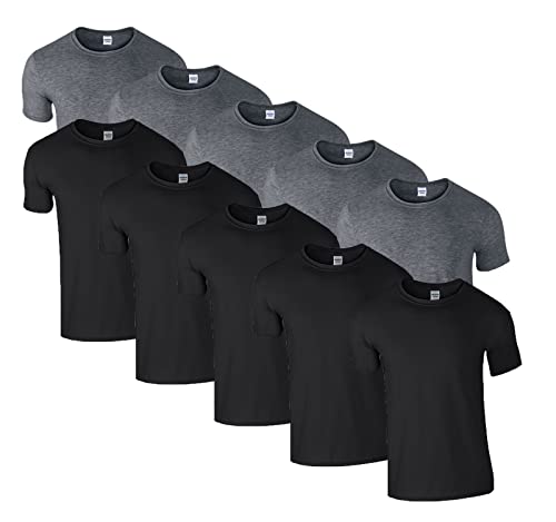 HLKauf 10 Gildan T-Shirts Softstyle Rundhals Ausschnitt M L XL XXL 3XL 4XL 5XL Shirt Herren Baumwolle & GRATIS Block (5X Schwarz, 5X Dark Heather & 1 HLKauf Block, XL) von HLKauf