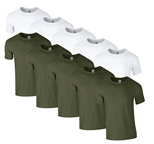 HLKauf 10 Gildan T-Shirts Softstyle Rundhals Ausschnitt M L XL XXL 3XL 4XL 5XL Shirt Herren Baumwolle & GRATIS Block (5X Weiss, 5X Military & 1 HLKauf Block, XXL) von HLKauf