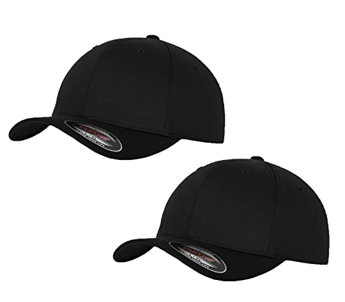 2er Flexfit Unisex Wooly Combed Cap Baseball Caps graue Unterseite S M L XL XXL Basecap Mütze, S/M, 2X Black-Black + 1x HL-Kauf Notizblock von HLKauf