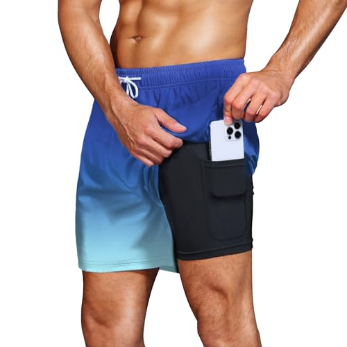 HMIYA Badehose Herren 2 in 1 Badeshorts Schwimmhose Schnelltrocknend Kurz Boardshorts mit Kompression und Reißverschlusstaschen(Farbverlauf Blau und Weiß 5XL) von HMIYA