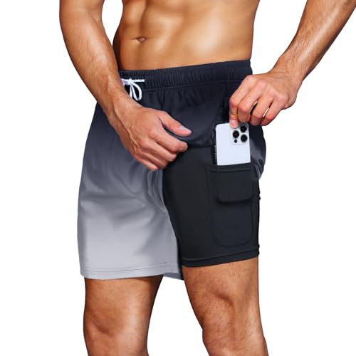 HMIYA Badehose Herren 2 in 1 Badeshorts Schwimmhose Schnelltrocknend Kurz Boardshorts mit Kompression und Reißverschlusstaschen(Farbverlauf Schwarz Grau 3XL) von HMIYA