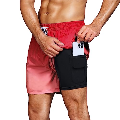 HMIYA Badehose Herren 2 in 1 Badeshorts Schwimmhose Schnelltrocknend Kurz Boardshorts mit Kompression und Reißverschlusstaschen(Farbverlauf rot S) von HMIYA