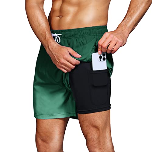 HMIYA Badehose Herren 2 in 1 Badeshorts Schwimmhose Schnelltrocknend Kurz Boardshorts mit Kompression und Reißverschlusstaschen(Grüner Farbverlauf L) von HMIYA